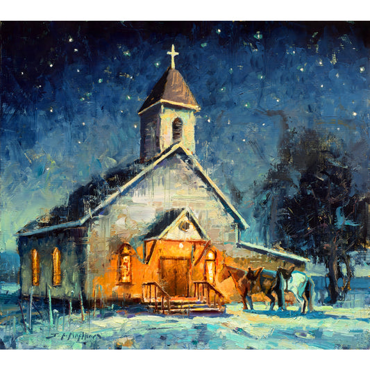Canvas print of rural white church lit up at night under starry sky with two horses in front. From original oil painting by Jerry Markham. Religious western wall art. Christian western wall art.