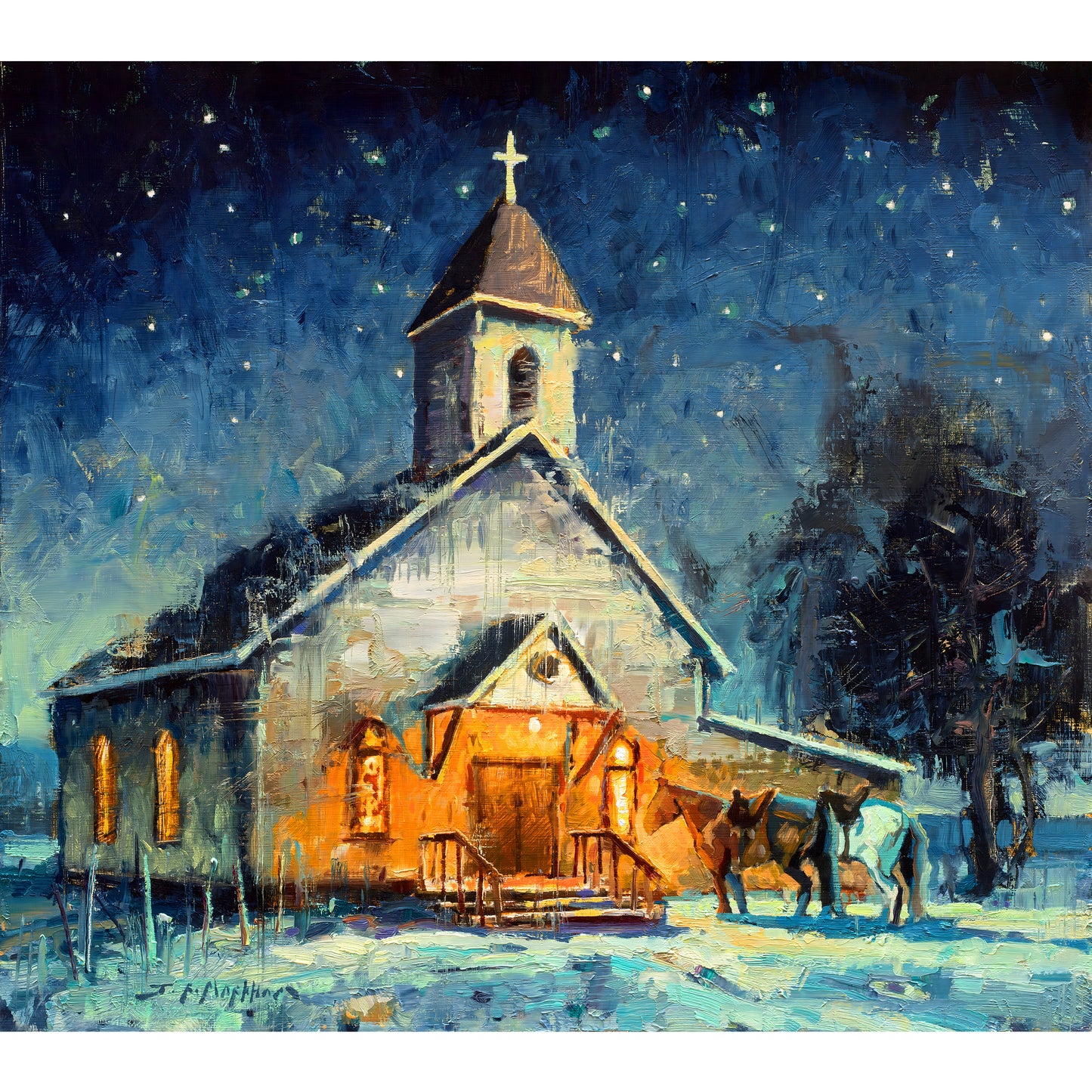 Canvas print of rural white church lit up at night under starry sky in winter with two horses. From original oil painting by Jerry Markham. Religious western wall art. Christian western wall art.