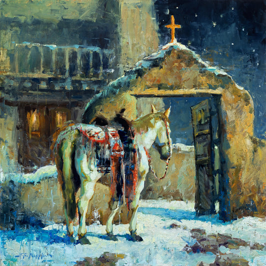 Patiently Waiting - 24x24 - Original oil painting of a horse waiting outside of a mission at night in winter by Jerry Markham artist - religious western art