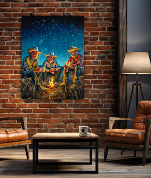 Cowboys around campfire at night available as canvas print in multiple sizes. Cowboy art, cowboy wall art, canvas print large wall art.