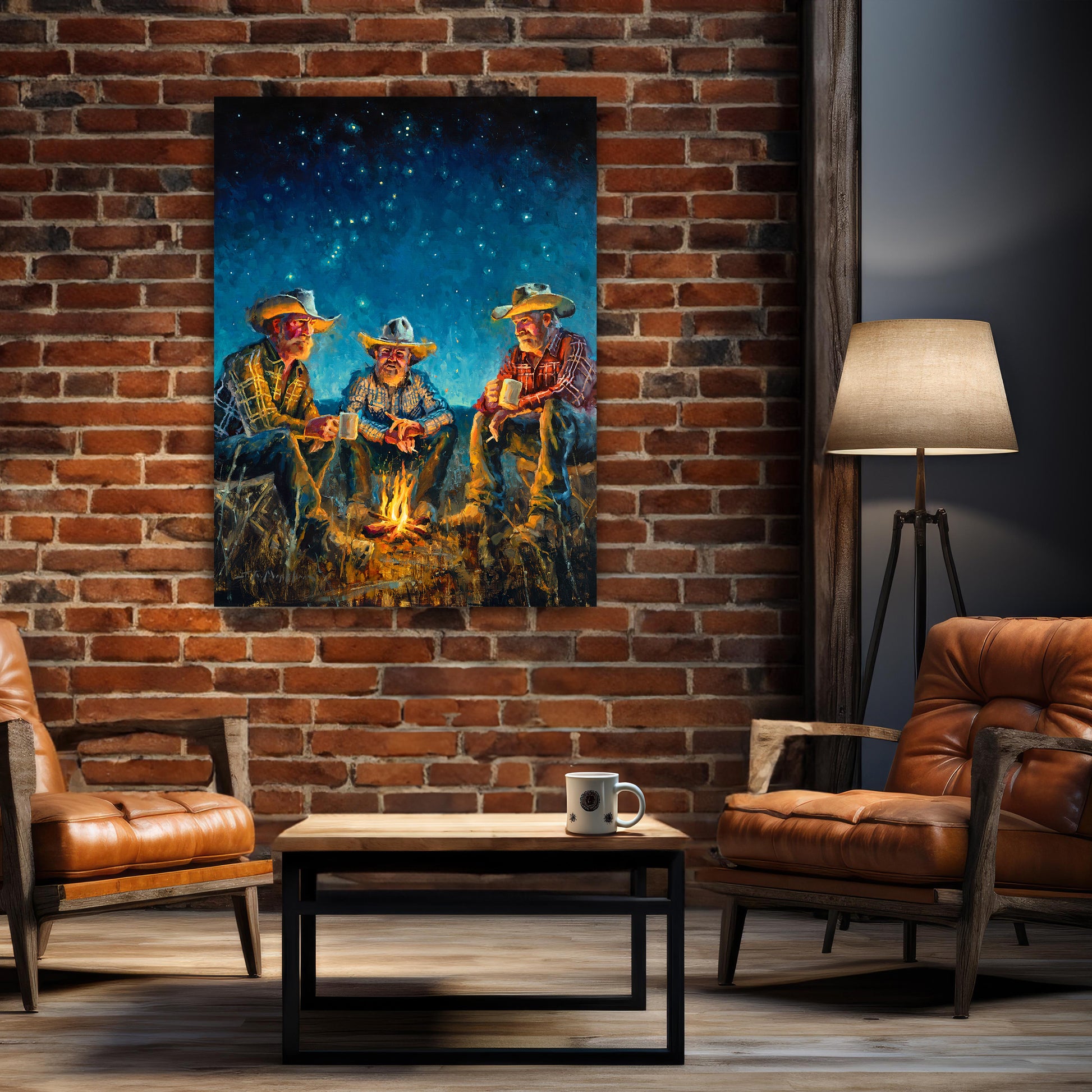 Cowboys around campfire at night available as canvas print in multiple sizes. Cowboy art, cowboy wall art, canvas print large wall art.