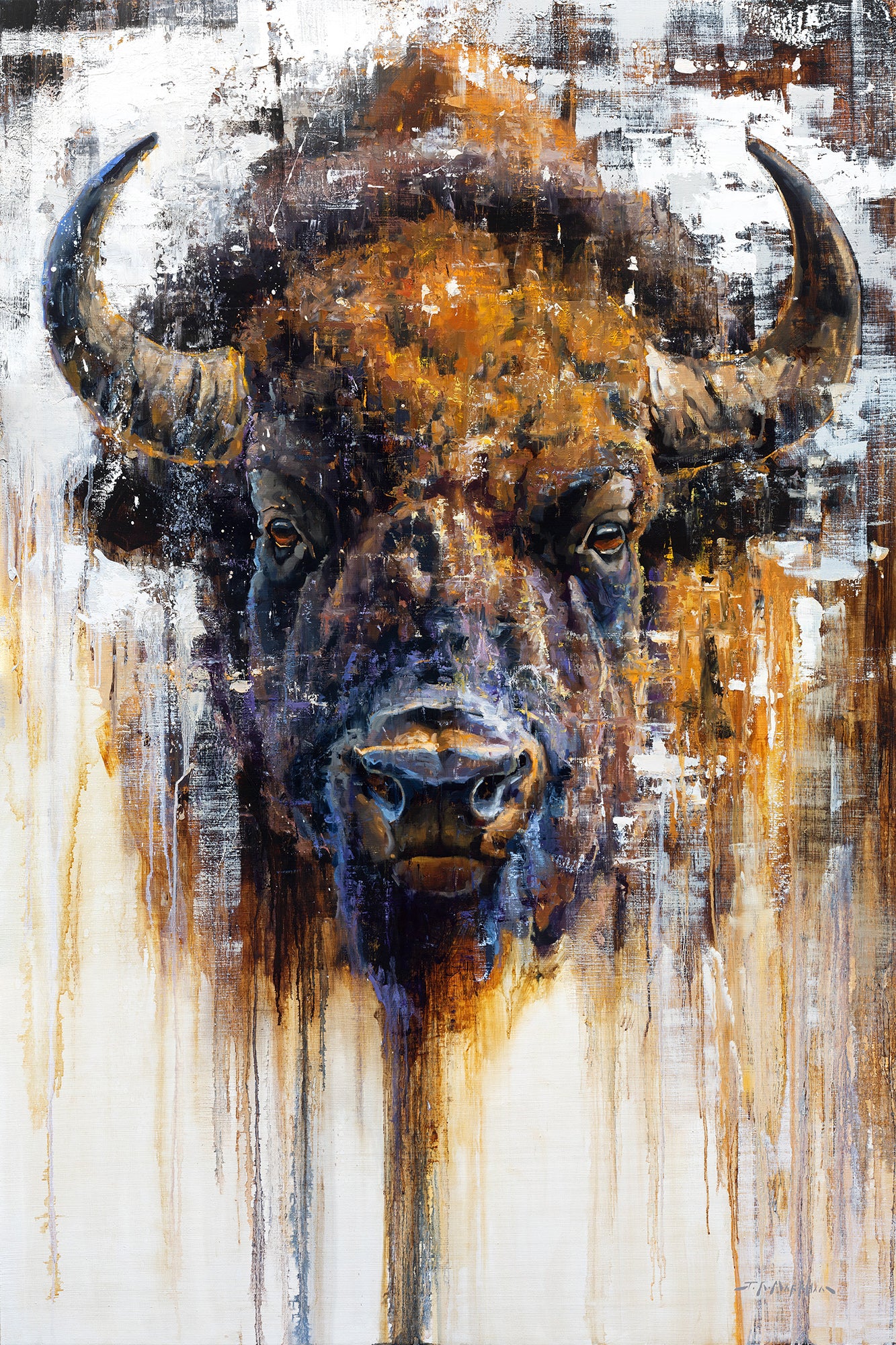 Powerful Presence - 60x40 - Original oil painting of a buffalo head close up by Jerry Markham artist - buffalo art 