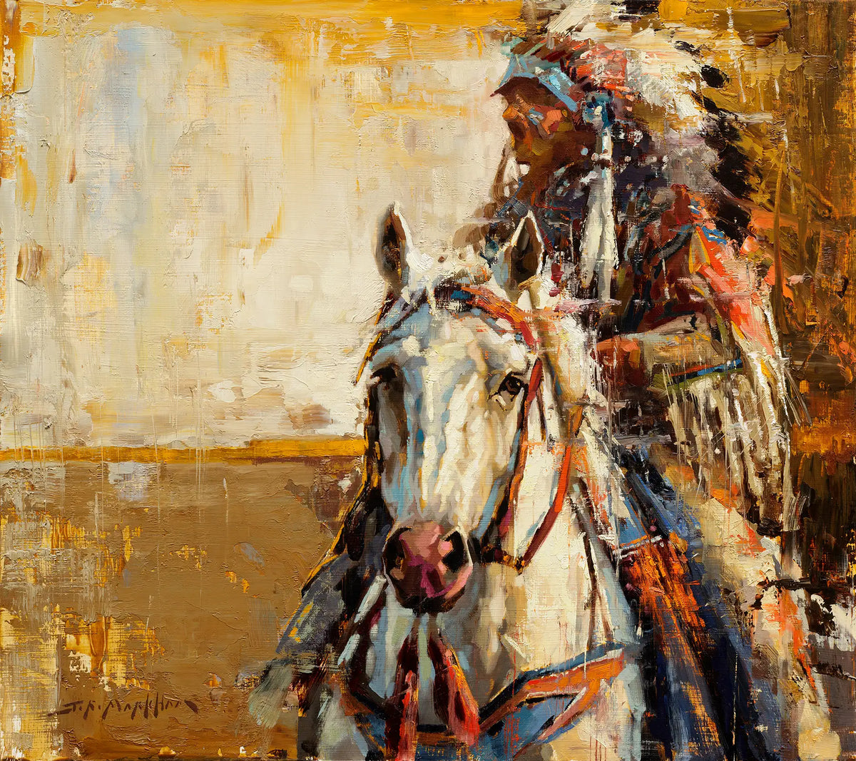 Original oil painting of a Native American man and his white horse in colorful regalia. This impressionist indian art by Jerry Markham is available at the National Cowboy & Western Heritage Museum.