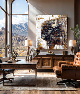 Buffalo wall art canvas print available in multiple sizes. Shown in office space.