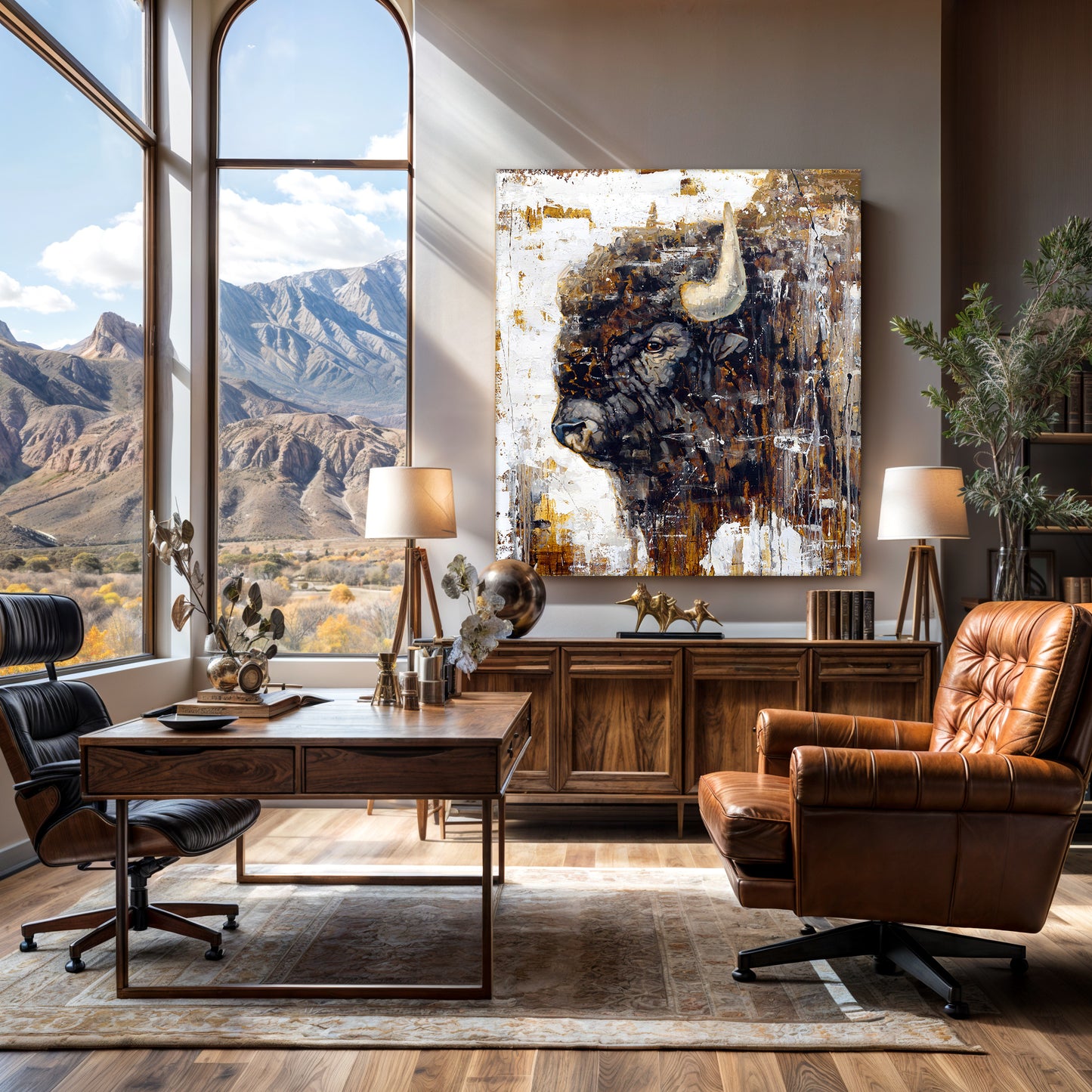 Buffalo wall art canvas print available in multiple sizes. Shown in office space.