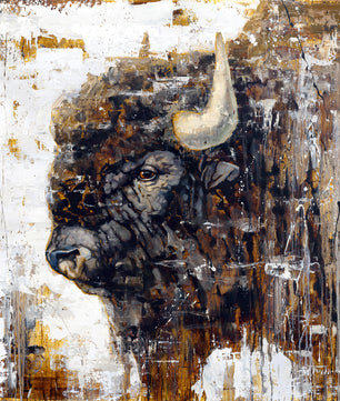 Contemporary black and white painting of a buffalo head by artist Jerry Markham - available as a limited edition canvas print in multiple sizes
