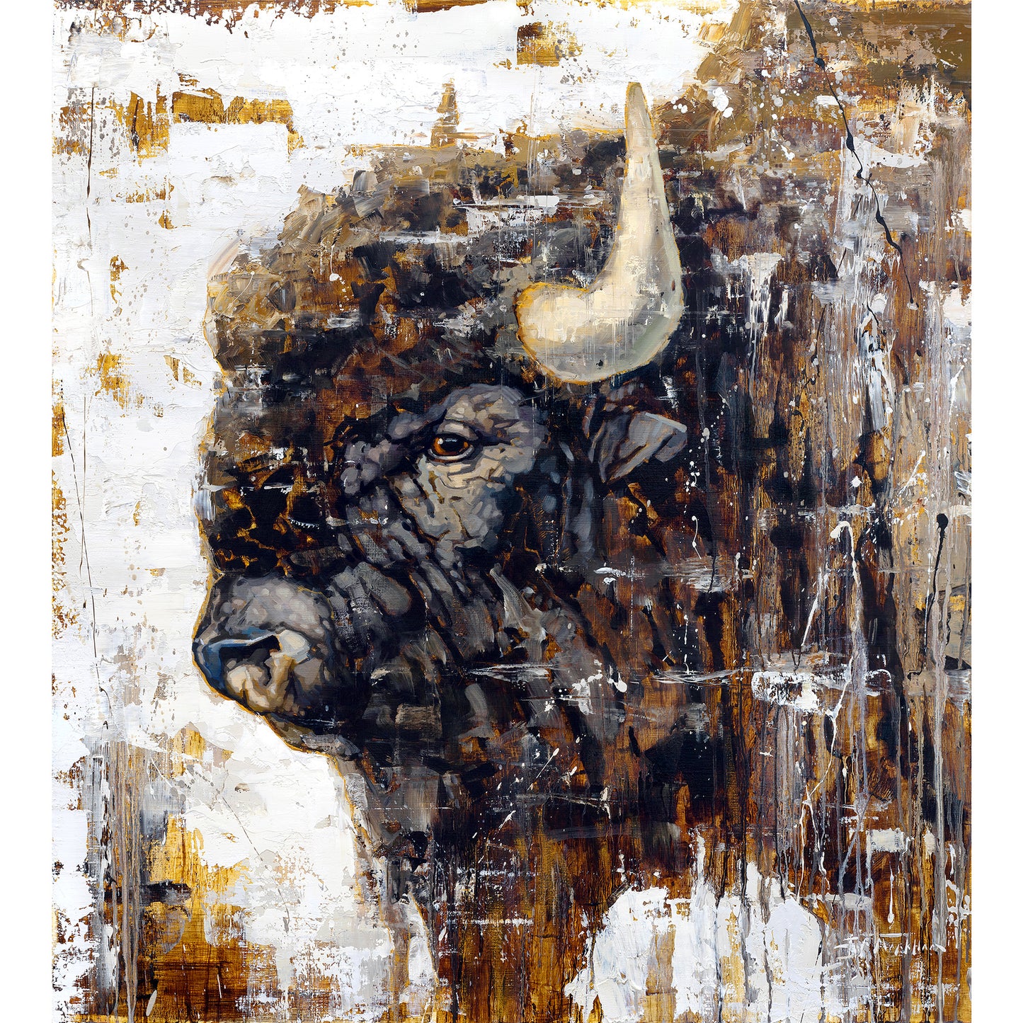 Contemporary black and white painting of a buffalo head by artist Jerry Markham - available as a limited edition canvas print in multiple sizes
