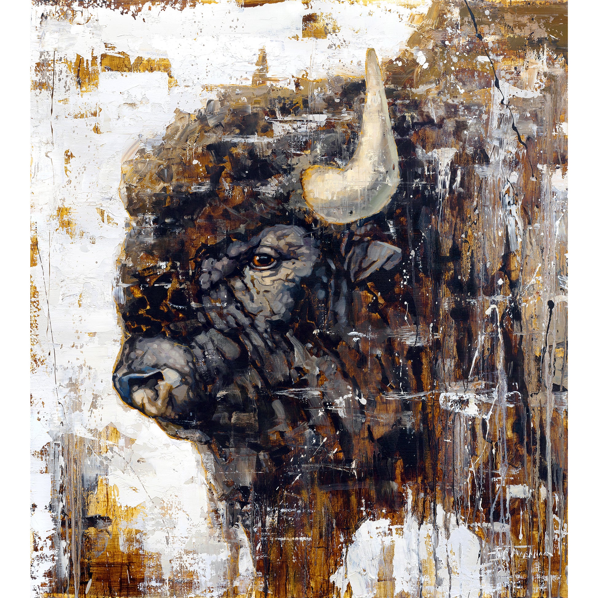 Contemporary black and white painting of a buffalo head by artist Jerry Markham - available as a limited edition canvas print in multiple sizes