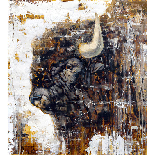 Contemporary black and white painting of a buffalo head by artist Jerry Markham - available as a limited edition canvas print in multiple sizes
