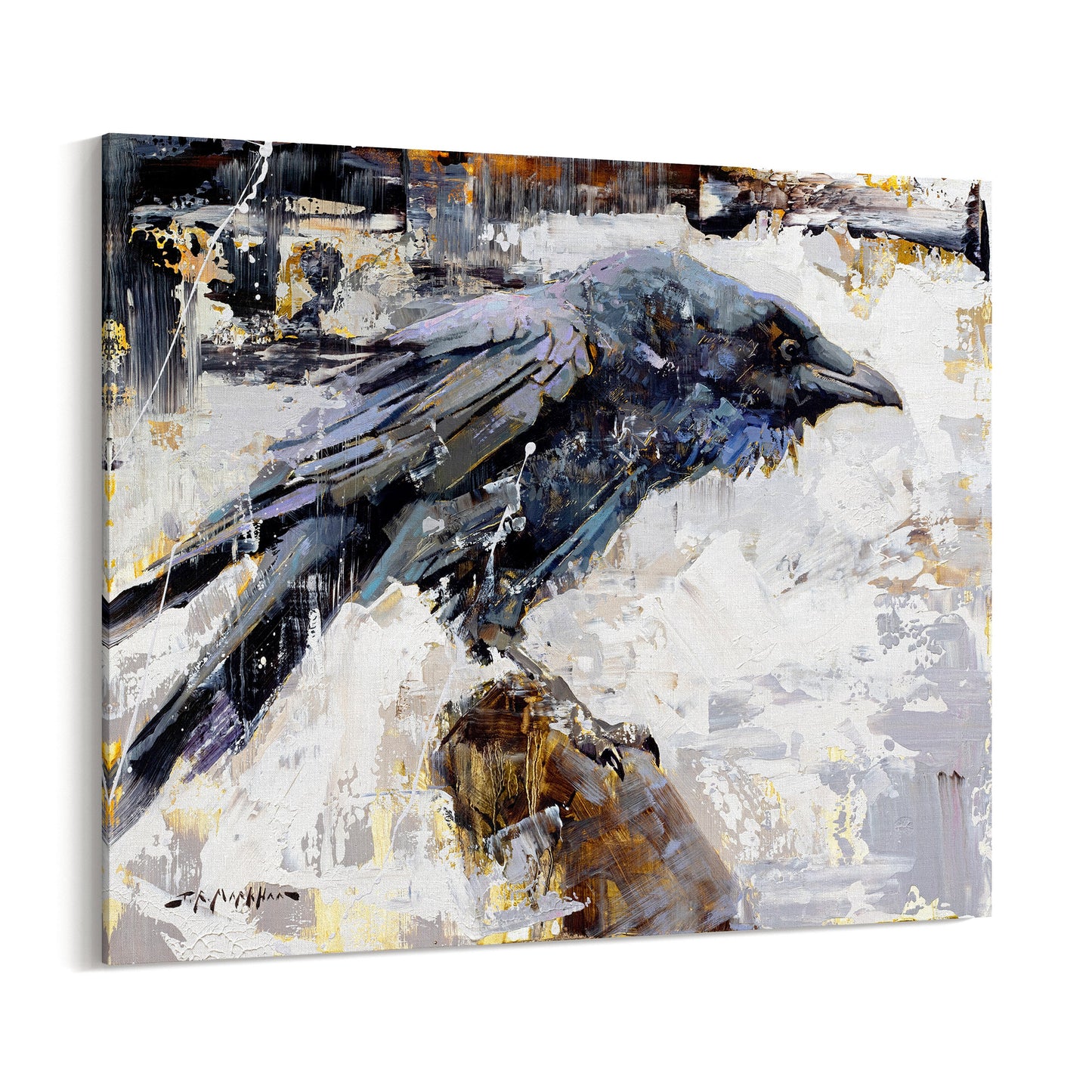 Black white and blue raven painting canvas print wall art