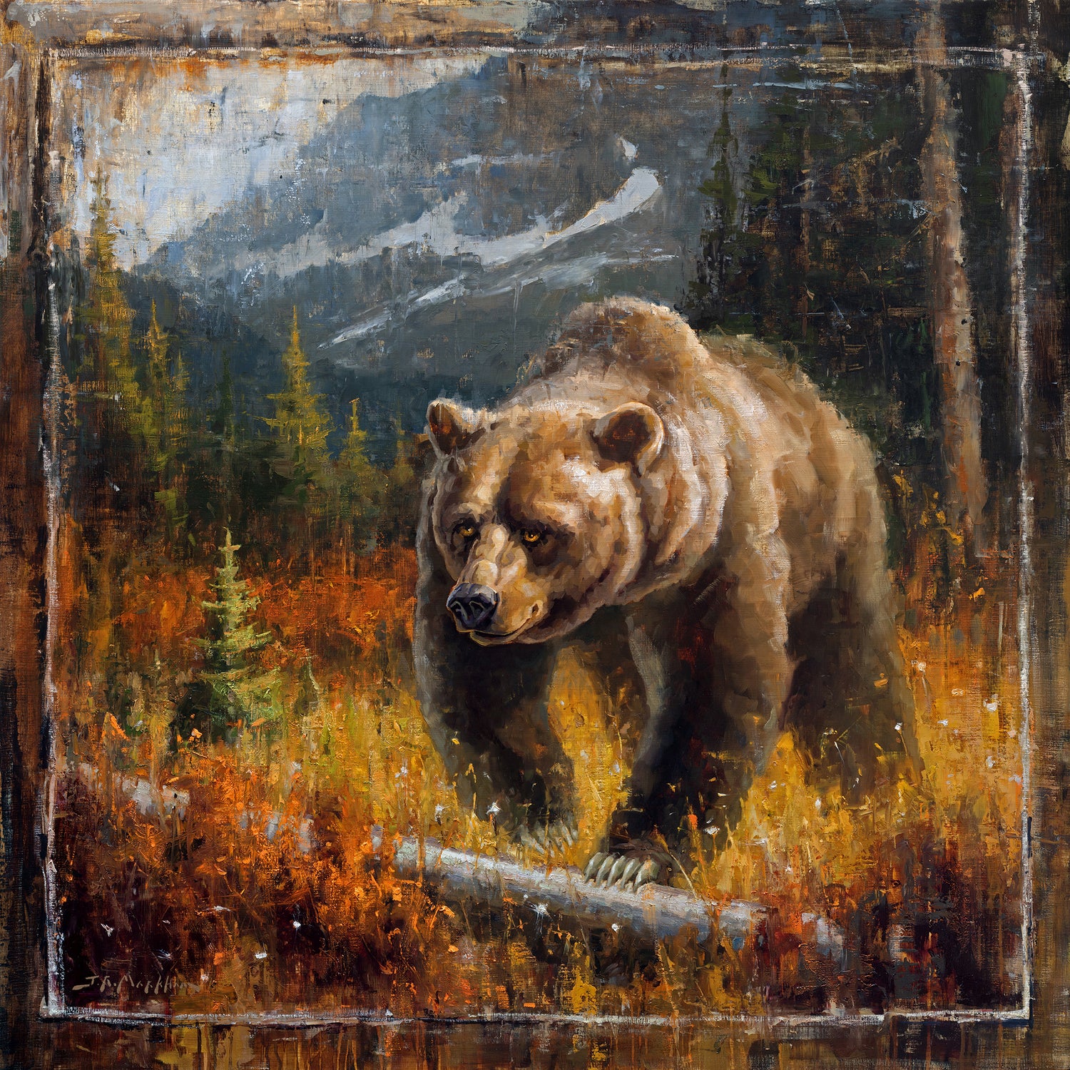 Rocky Mountain Rambler - 48x48 - Original oil painting of a grizzly bear in fall mountain landscape by Jerry Markham artist - bear art painting