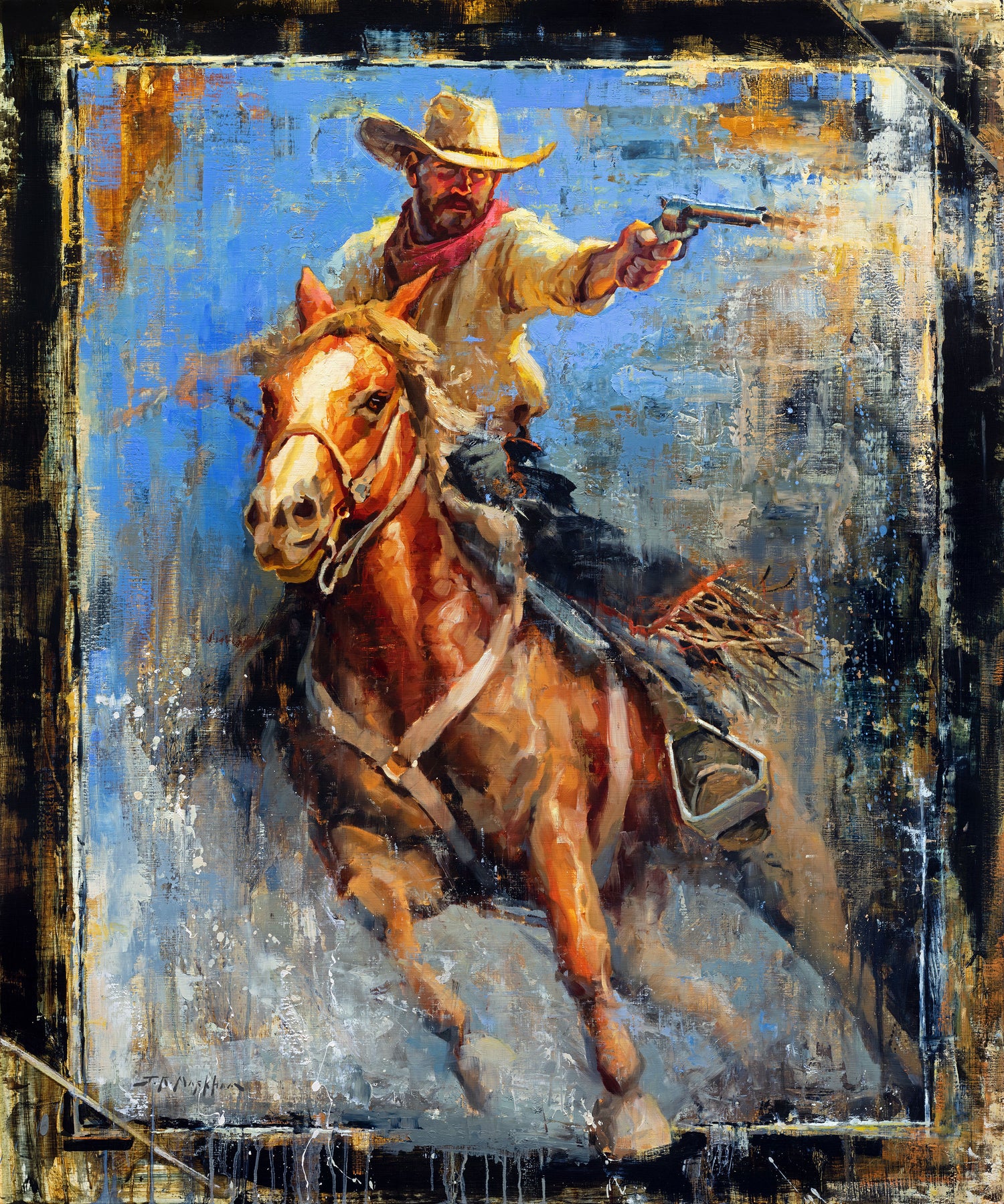 Run and Gun - 48x40 - Original western art oil painting of a cowboy gunfighter on his horse by Jerry Markham artist - western art painting, cowboy art
