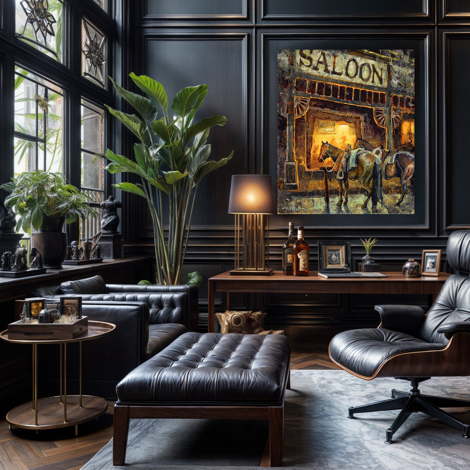 Saloon western art canvas print from original oil painting. Western wall art saloon at night with horses waiting outside. Western decor wall art print available in multiple sizes shown in office.