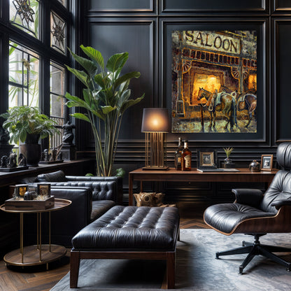 Saloon western art canvas print from original oil painting. Western wall art saloon at night with horses waiting outside. Western decor wall art print available in multiple sizes shown in office.