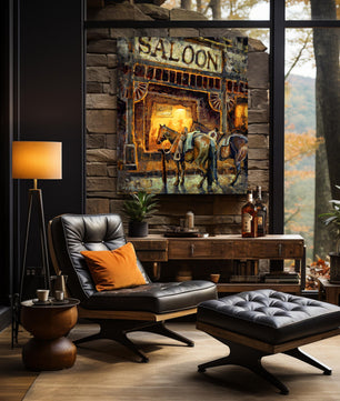 Saloon western art canvas print from original oil painting. Western wall art saloon at night with horses waiting outside. Western decor wall art print available in multiple sizes shown in man cave.