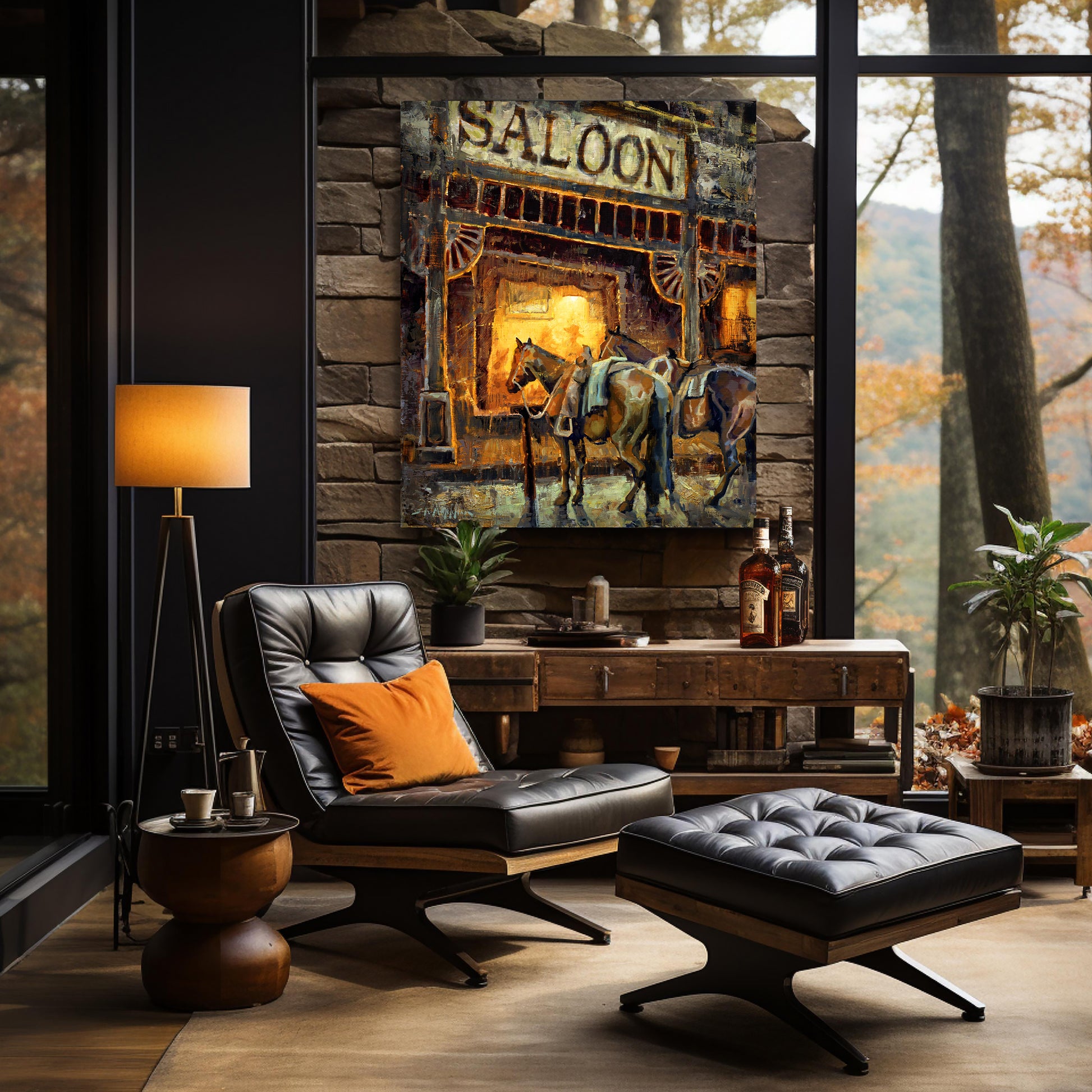 Saloon western art canvas print from original oil painting. Western wall art saloon at night with horses waiting outside. Western decor wall art print available in multiple sizes shown in man cave.