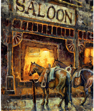 Saloon western art canvas print from original oil painting by artist Jerry Markham. Western wall art saloon at night with horses waiting outside - available in multiple sizes and frame options.