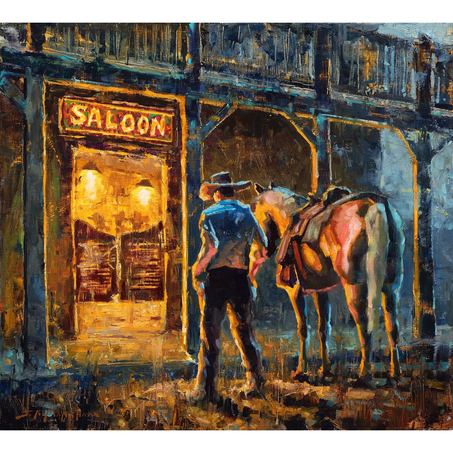 An impressionistic painting of a saloon scene at night, showing a cowboy standing beside a horse outside a warmly lit saloon entrance. This western art is available as a canvas print in multiple sizes and frame options for ranch home decor wall art.