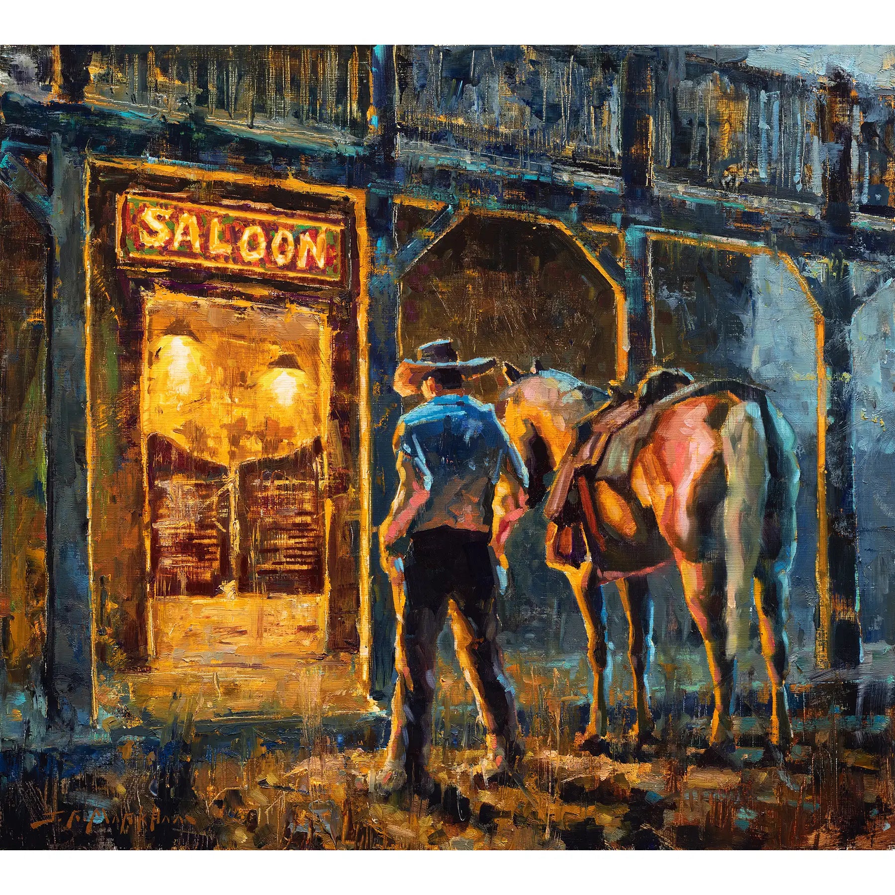 An impressionistic painting of a saloon scene at night, showing a cowboy standing beside a horse outside a warmly lit saloon entrance. This western art is available as a canvas print in multiple sizes and frame options for ranch home decor wall art.