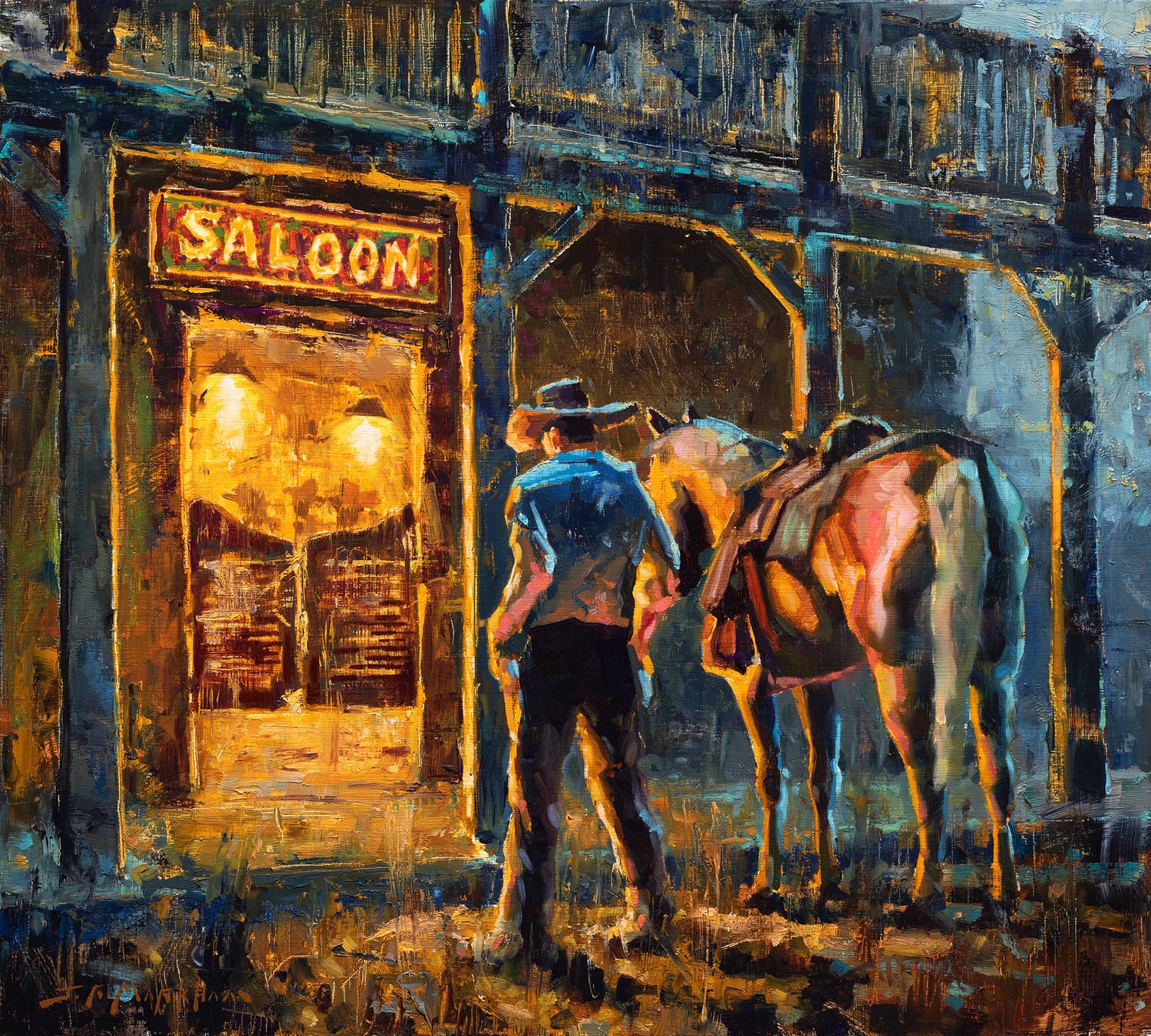 Settling a Score - 18x20 - Original western art oil painting of a cowboy and his horse outside a western saloon at night by Jerry Markham artist - cowboy art, old west saloon