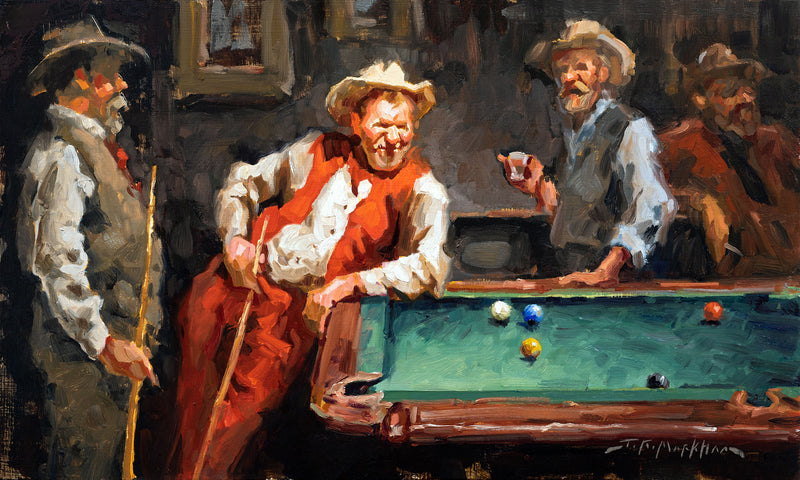 Snookered - Original oil painting of 2 cowboys and a gentleman playing pool by Jerry Markham artist - western art cowboy billiards painting