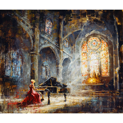 Painting print of a woman in an elegant red dress playing piano in an architecturally beautiful cathedral with lighting streaming in through a large stained glass window. Available as a canvas print in multiple sizes.