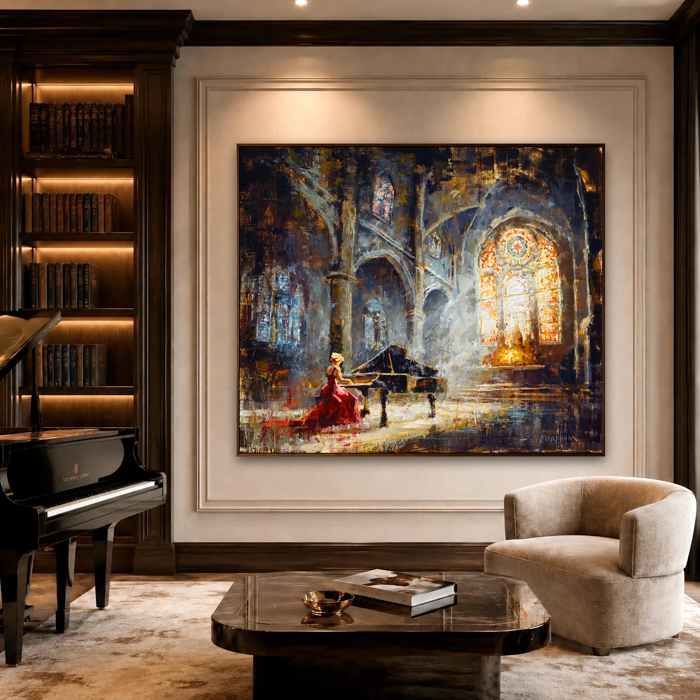 Wall art of a woman in an elegant red dress playing piano in an architecturally beautiful cathedral with light streaming in through a large stained glass window. Available as a canvas print in multiple sizes.