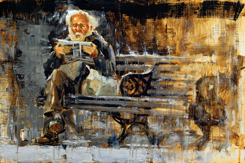 Sundays in the Park - 12x18 - Original oil painting of an elderly gentleman reading the newspaper on a park bench by Jerry Markham artist