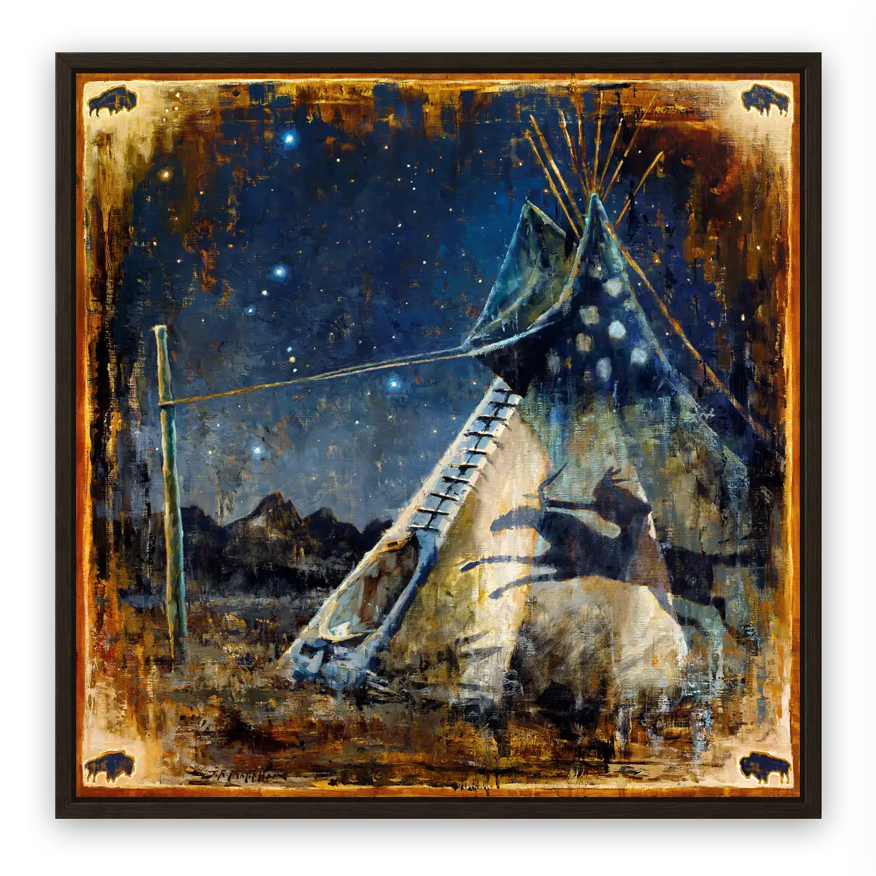 Painting of a teepee under a starry sky with mountains in the background and Native American Hunter depicted on the tipi and the hunter Orion in the sky. This western art is an original painting by artist Jerry Markham. More artwork at jerrymarkham.com