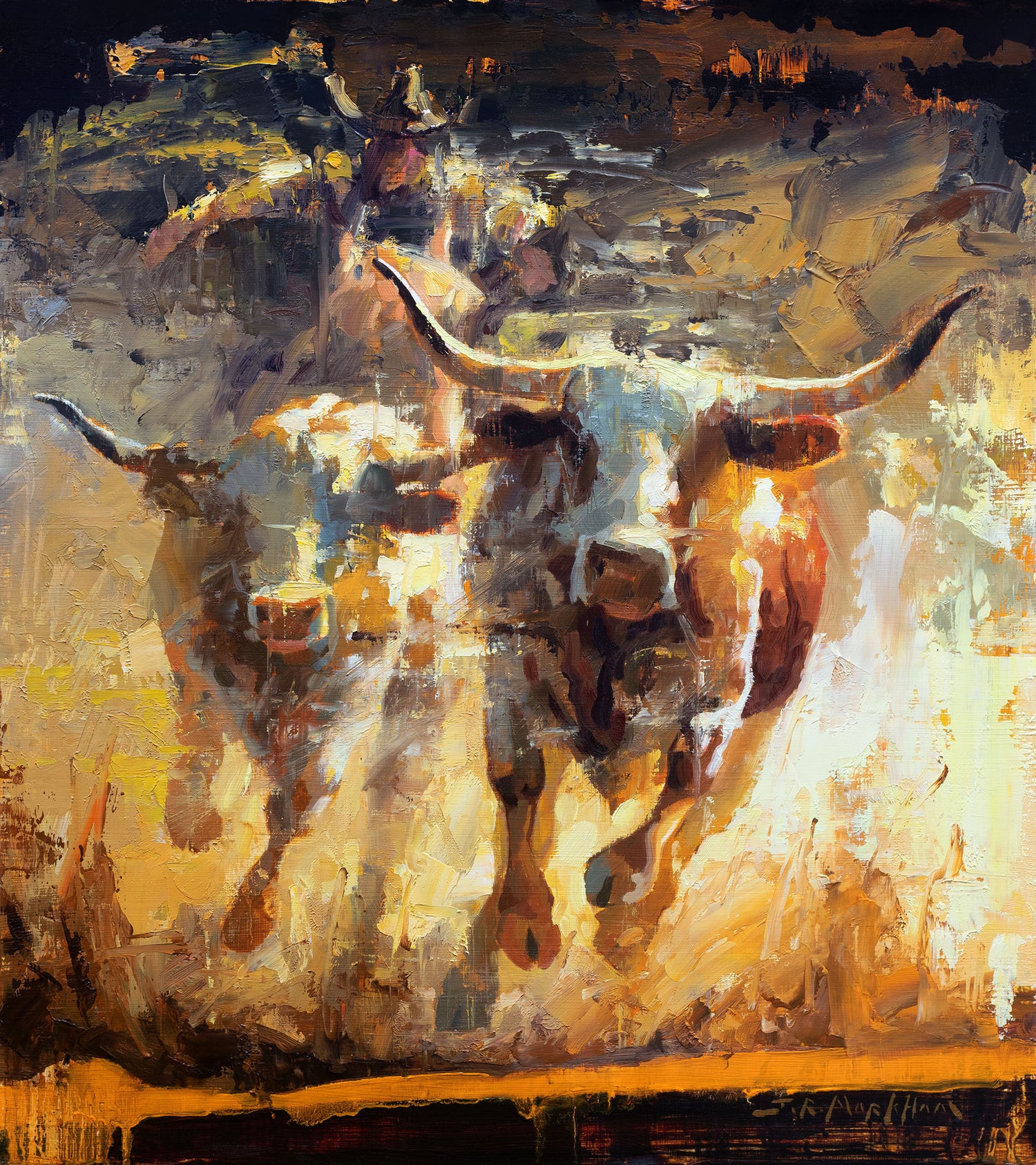 The Wrangler - Original oil painting of longhorn cows running loose and impressionist by Jerry Markham artist - cowboy wall art longhorns