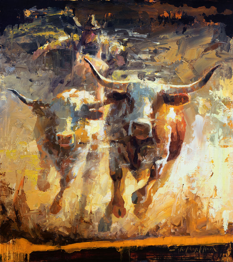 The Wrangler - Original oil painting of longhorn cows running loose and impressionist by Jerry Markham artist - cowboy wall art longhorns
