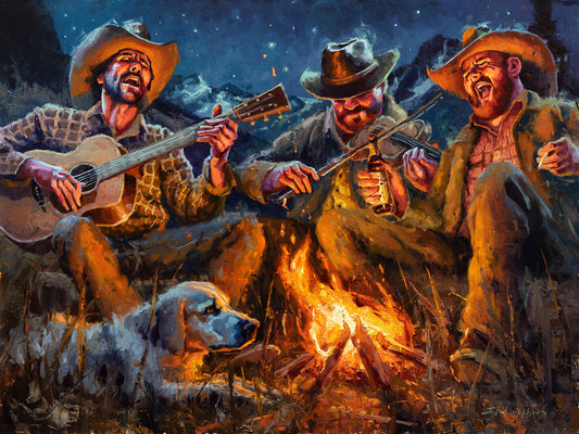 They Think They're Rock Stars - 30x40 - Original western art oil painting of cowboys singing around a campfire in the mountains at night with a dog by Jerry Markham artist - cowboy art
