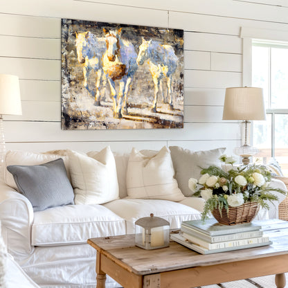 wall art print of horses shown in modern white farmhouse style decor living room
