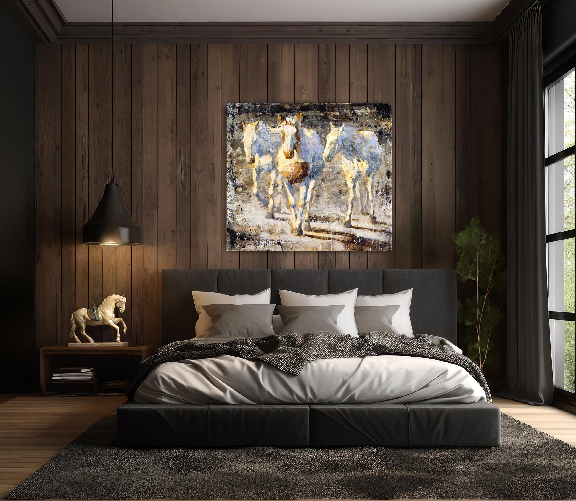 Impressionist painting of three white horses wall art available as large giclee canvas print. Example shown in modern ranch style decor.