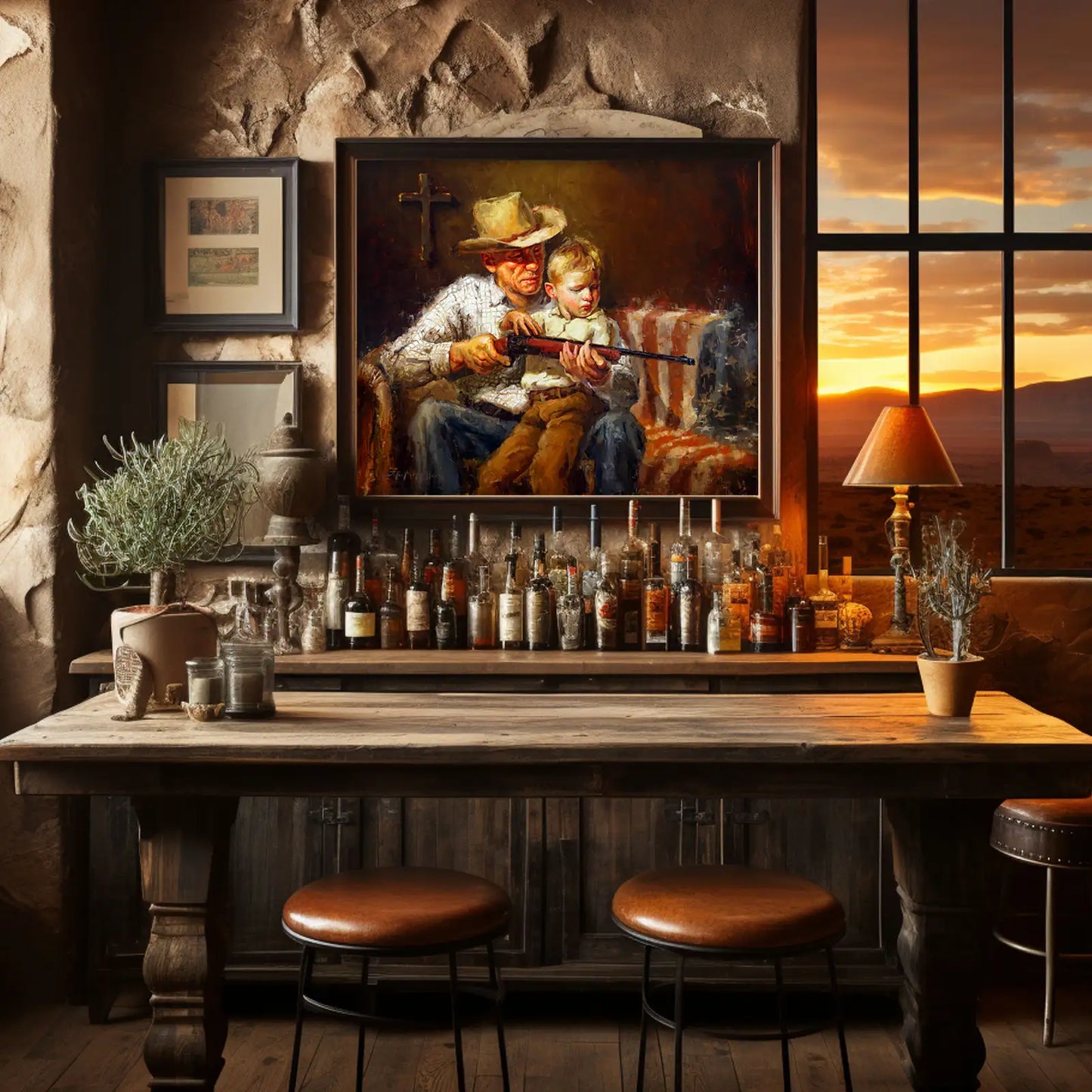 Cowboy art painting of a man and child with a firearm in a bar room setting.