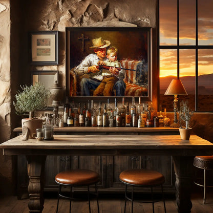 Cowboy art painting of a man and child with a firearm in a bar room setting.