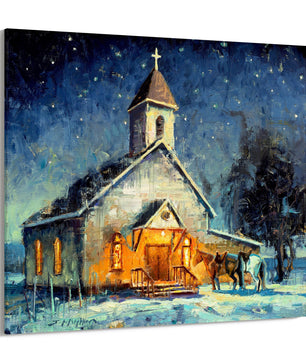 Canvas print of church at night with two horses in front from original oil painting. Available in multiple sizes. Religious western wall art. 