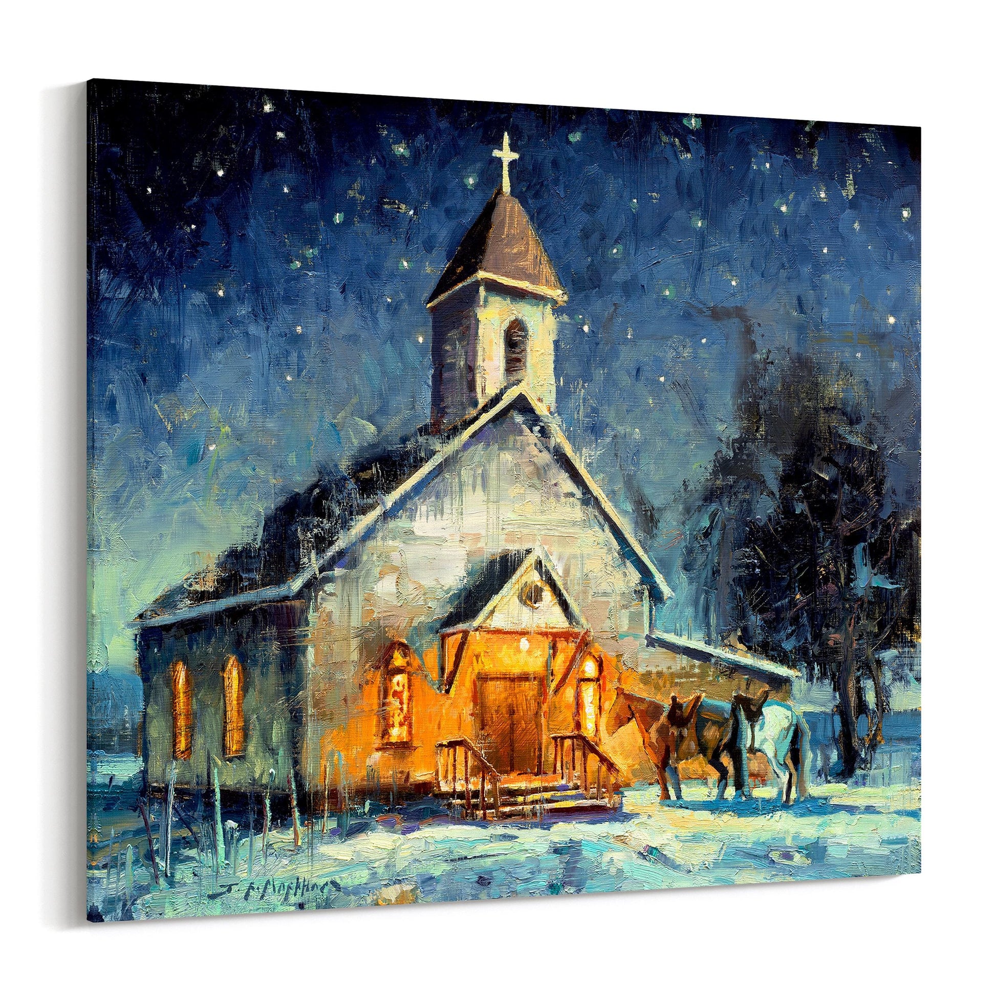 Canvas print of church at night with two horses in front from original oil painting. Available in multiple sizes. Religious western wall art. 