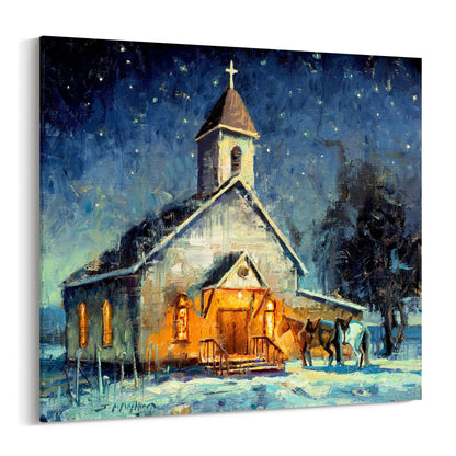 Canvas print of church at night with two horses in front from original oil painting. Available in multiple sizes. Religious western wall art. 
