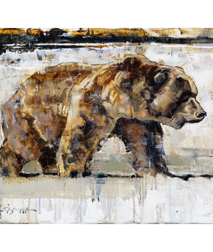 Canvas print of a grizzly bear painting by artist Jerry Markham. Loose and impressionistic painting in modern neutral brown and grey tones. This wildlife art available as a canvas print. Modern wall art print for country farmhouse or modern home decor.