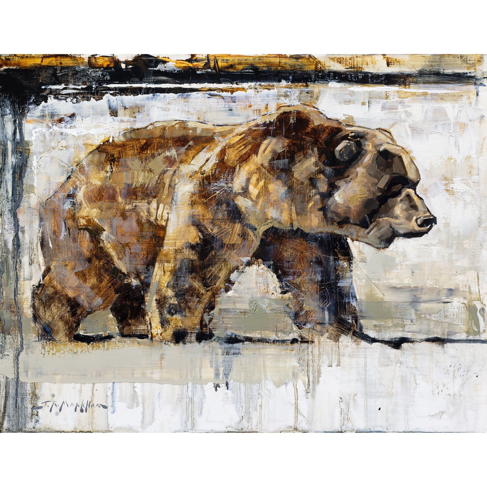 Canvas print of a grizzly bear painting by artist Jerry Markham. Loose and impressionistic painting in modern neutral brown and grey tones. This wildlife art available as a canvas print. Modern wall art print for country farmhouse or modern home decor.