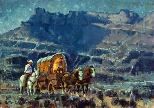 Westward - 14x20 - Original western art oil painting of a wagon traveling through mountains at night by artist Jerry Markham