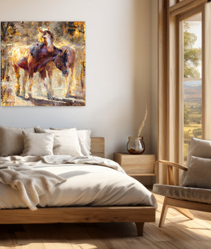 Horse art limited edition canvas print of two chestnut horses nuzzling. 