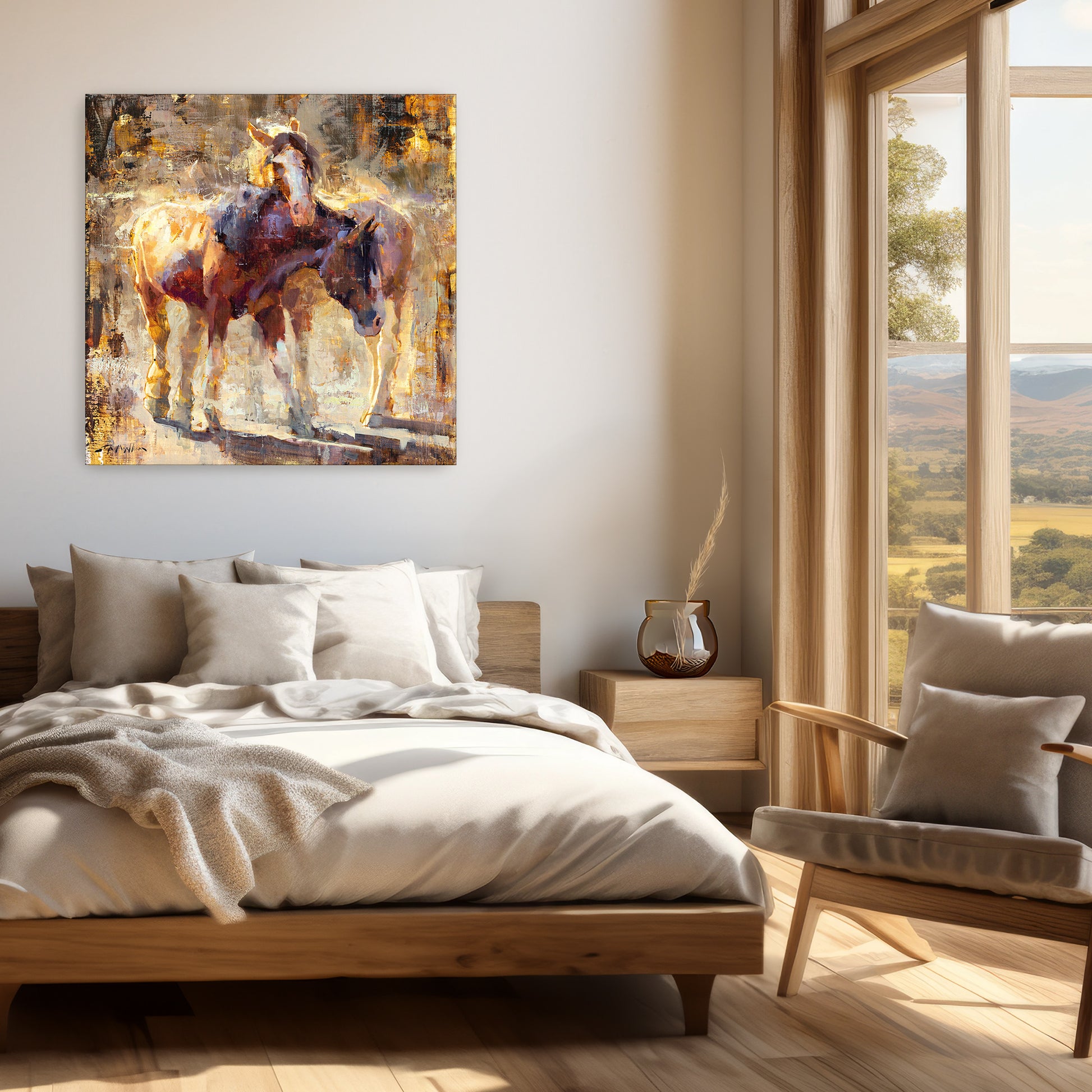 Horse art limited edition canvas print of two chestnut horses nuzzling. 