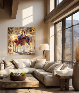 Horse wall art large canvas print shown in modern ranch farmhouse decor. Limited edition print available in multiple sizes.