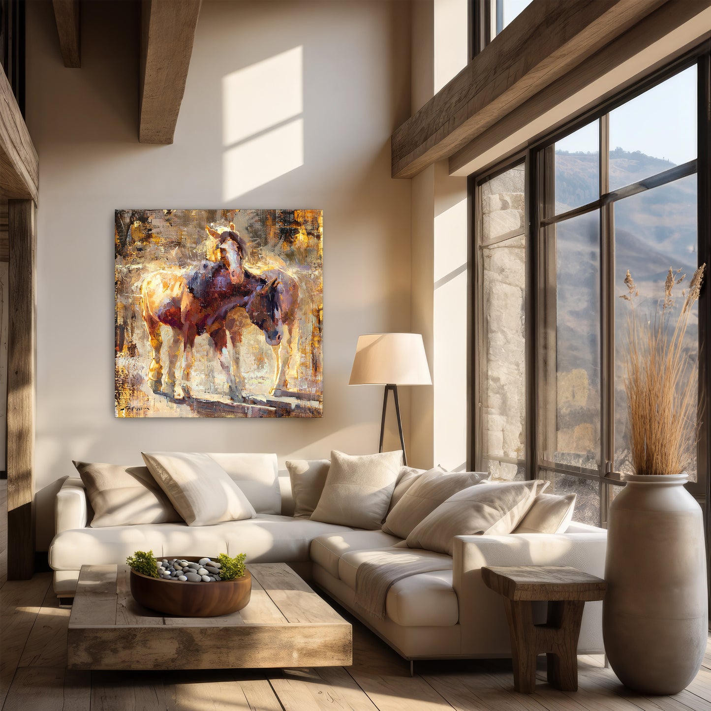 Horse wall art large canvas print shown in modern ranch farmhouse decor. Limited edition print available in multiple sizes.