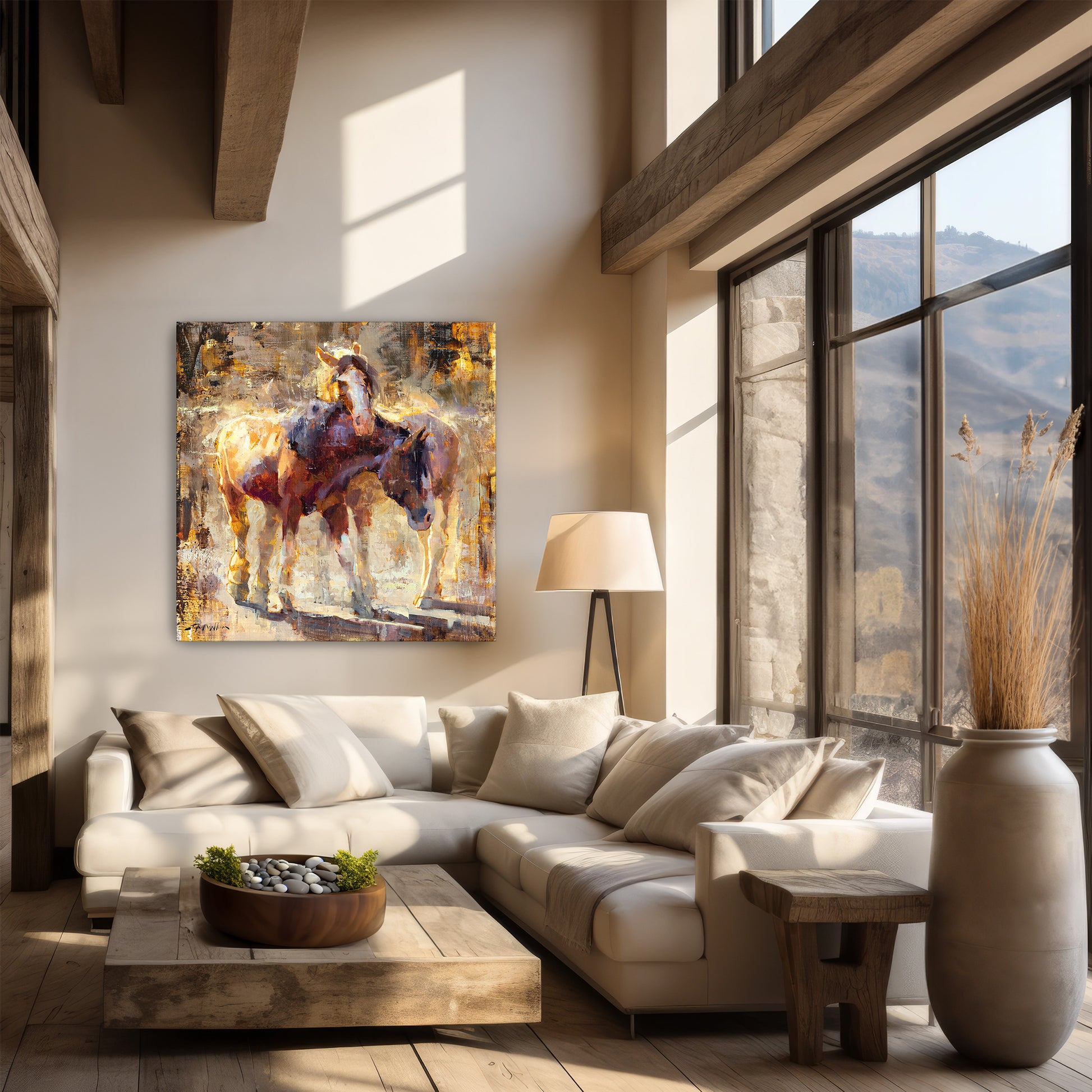 Horse wall art large canvas print shown in modern ranch farmhouse decor. Limited edition print available in multiple sizes.