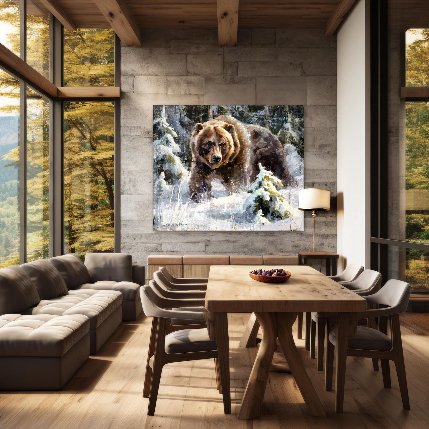 Example of grizzly bear painting large canvas print wall art in modern farmhouse decor