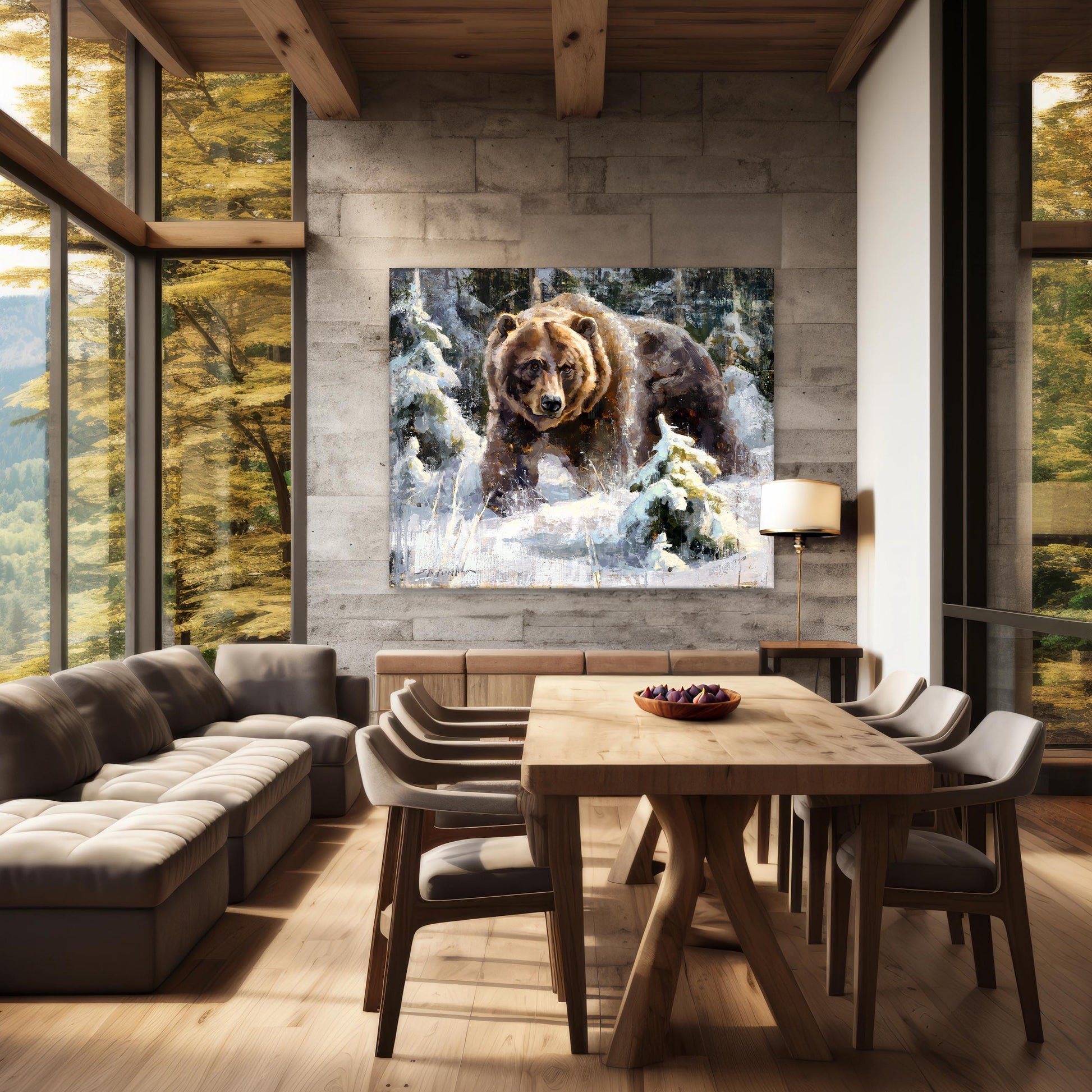 Example of grizzly bear painting large canvas print wall art in modern farmhouse decor