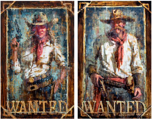 Jerry Markham artist original oil paintings of a wanted man and woman - cowboy art and cowgirl art, western art paintings - Wrong Side of the Law 
